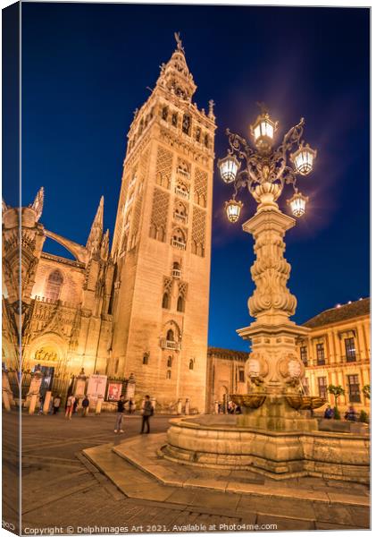 Cathedral of Seville, la Giralda at night, Spain Canvas Print by Delphimages Art