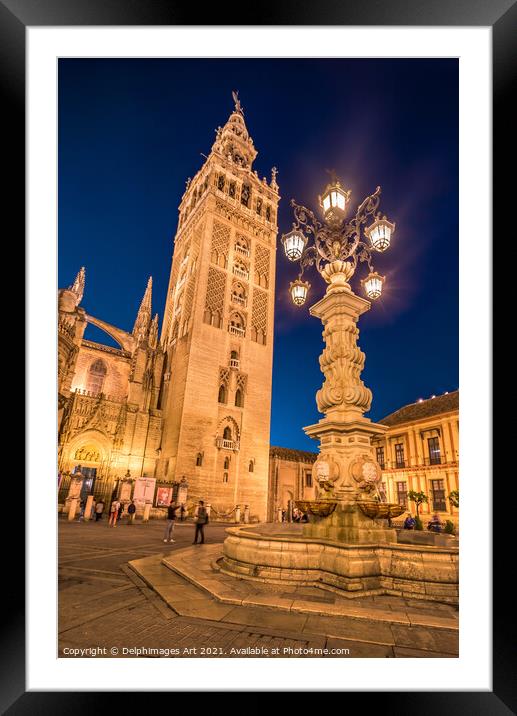 Cathedral of Seville, la Giralda at night, Spain Framed Mounted Print by Delphimages Art