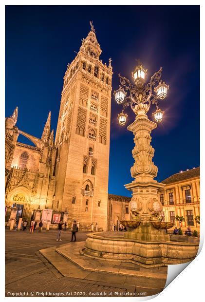 Cathedral of Seville, la Giralda at night, Spain Print by Delphimages Art