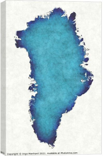 Greenland map with drawn lines and blue watercolor illustration Canvas Print by Ingo Menhard