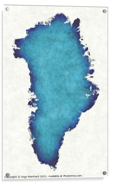 Greenland map with drawn lines and blue watercolor illustration Acrylic by Ingo Menhard