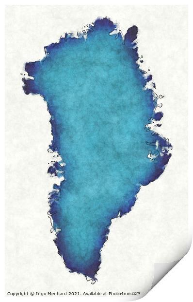Greenland map with drawn lines and blue watercolor illustration Print by Ingo Menhard