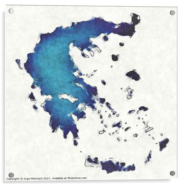 Greece map with drawn lines and blue watercolor illustration Acrylic by Ingo Menhard