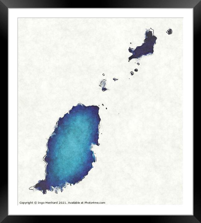 Grenada map with drawn lines and blue watercolor illustration Framed Mounted Print by Ingo Menhard