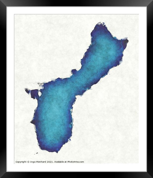 Guam map with drawn lines and blue watercolor illustration Framed Mounted Print by Ingo Menhard