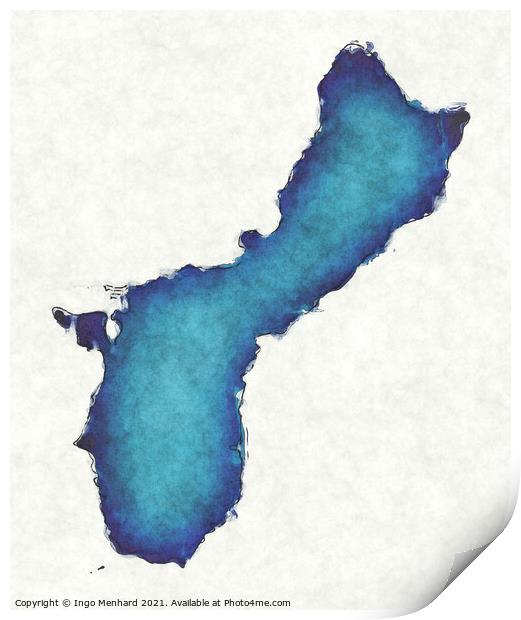 Guam map with drawn lines and blue watercolor illustration Print by Ingo Menhard