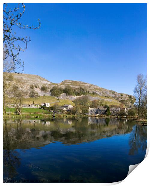Kilnsey Trout Farm Lake with Kilnsey Crag in the background. Print by Chris North