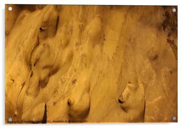 Gnomes or trolls on golden yellow cave wall. Acrylic by Hanif Setiawan