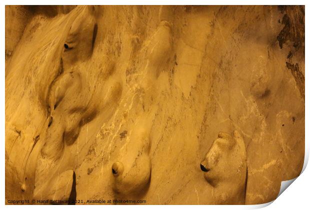 Gnomes or trolls on golden yellow cave wall. Print by Hanif Setiawan