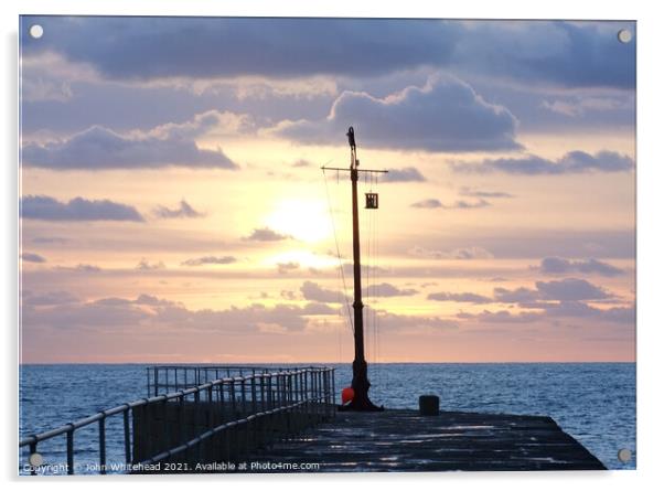 Porthleven Pier Winter Sunset Acrylic by John Whitehead