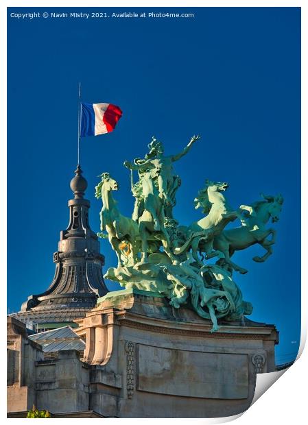 The French Flag and statue on the Pont Alexandre III Print by Navin Mistry