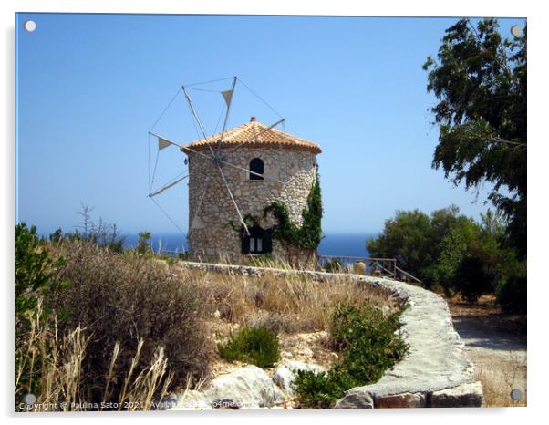 Greek old windmill Acrylic by Paulina Sator