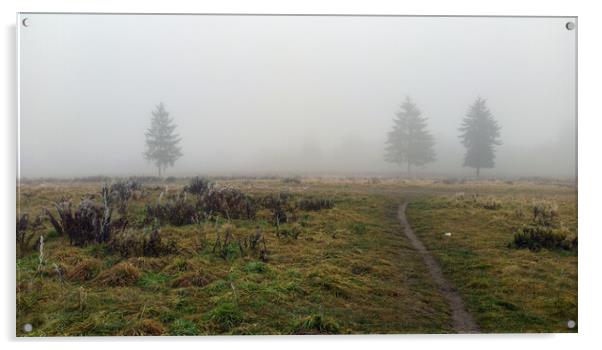 Wide angle shot of a trees covered in mist during foggy morning and a path formed in between green grass meadow field with nobody. winter weather. Acrylic by Arpan Bhatia