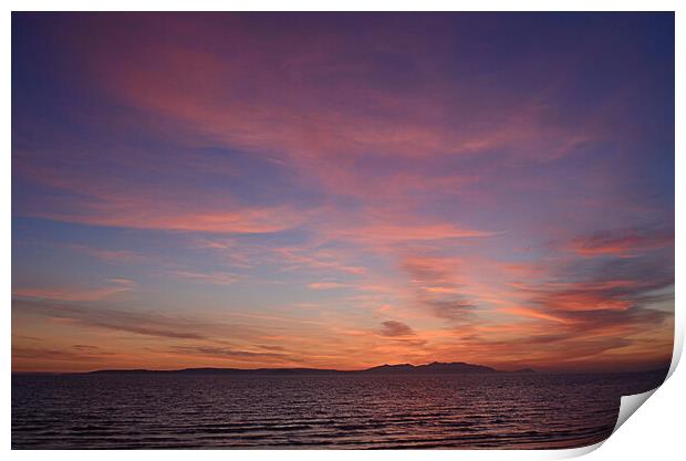 Ayr beach at dusk, a view of Arran Print by Allan Durward Photography