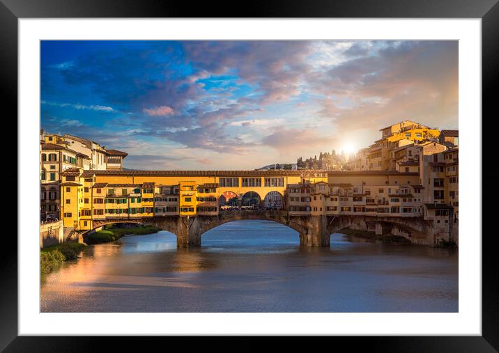 Scenic beautiful Ponte Vecchio bridge in Florence historic city center Framed Mounted Print by Elijah Lovkoff