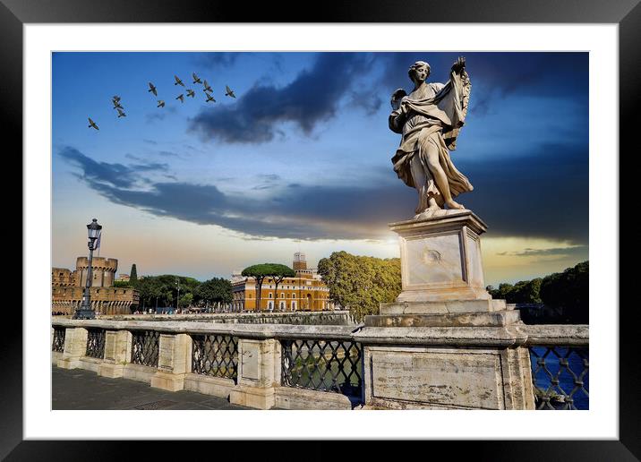 Saint Angelo Castle and St. Angelo Bridge in Rome, a landmark tourist attraction Framed Mounted Print by Elijah Lovkoff