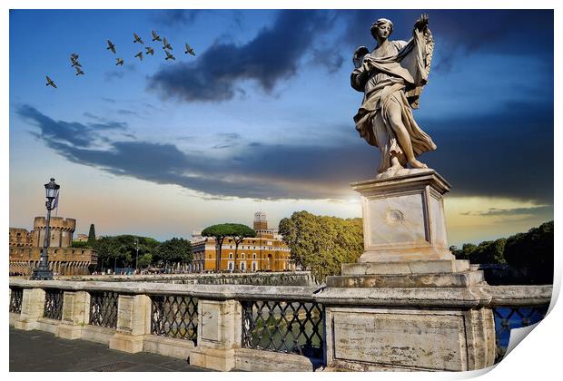 Saint Angelo Castle and St. Angelo Bridge in Rome, a landmark tourist attraction Print by Elijah Lovkoff