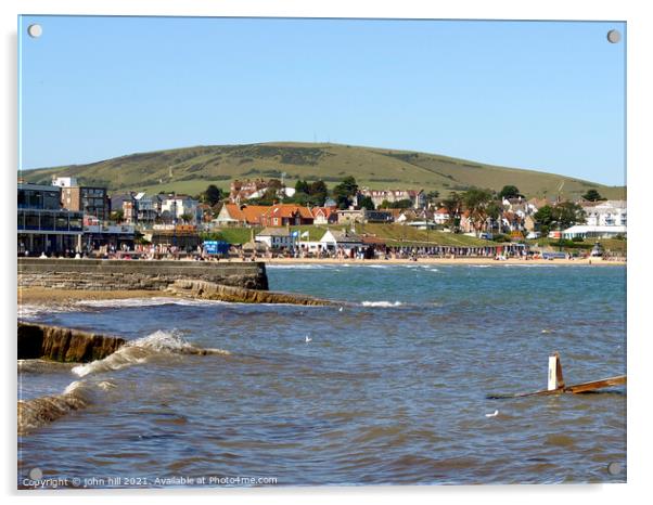 Swanage bay and seafront in Dorset, UK. Acrylic by john hill