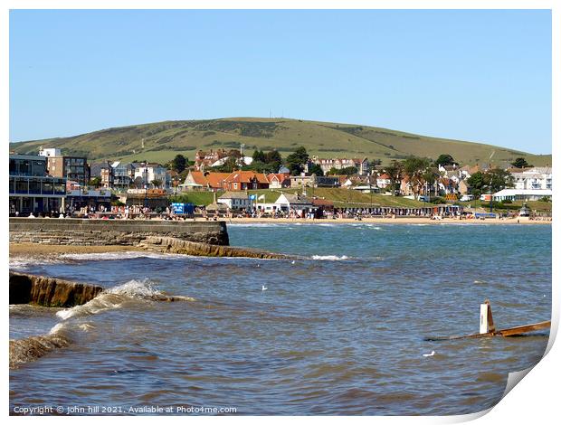 Swanage bay and seafront in Dorset, UK. Print by john hill