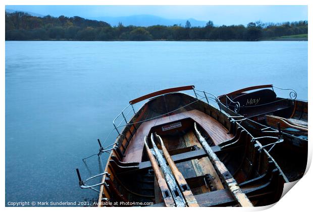 Rowing Boats on Derwentwater at Dawn Print by Mark Sunderland