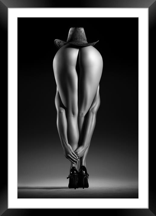 Nude woman cowboy hat 3 Framed Mounted Print by Johan Swanepoel