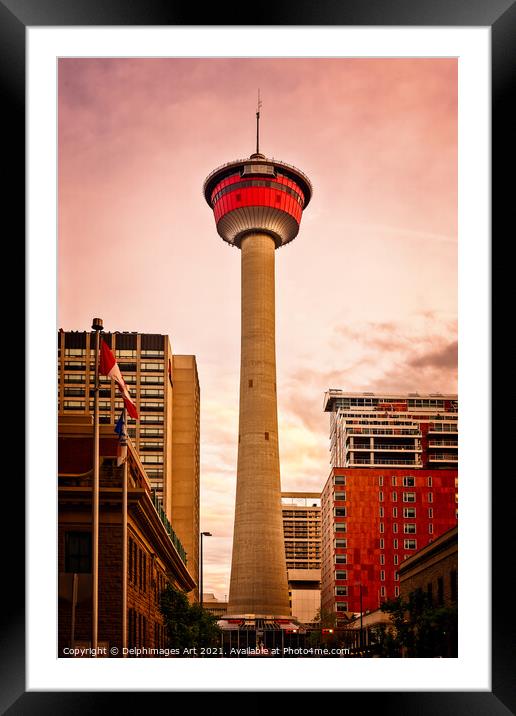 Calgary tower at sunset, Alberta, Canada Framed Mounted Print by Delphimages Art