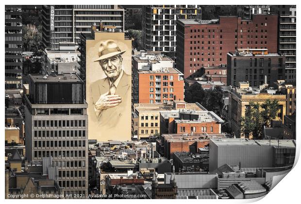Montreal cityscape, Leonard Cohen painted mural Print by Delphimages Art