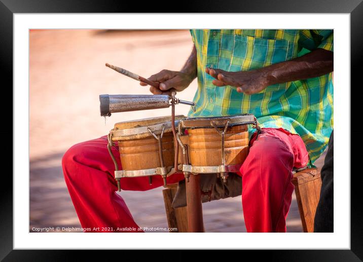 Cuba. Street musician playing drums in Trinidad Framed Mounted Print by Delphimages Art