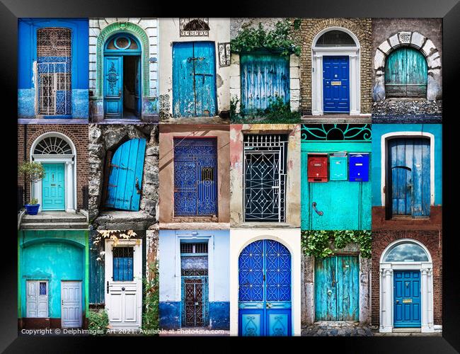 Collection of blue doors around the world Framed Print by Delphimages Art