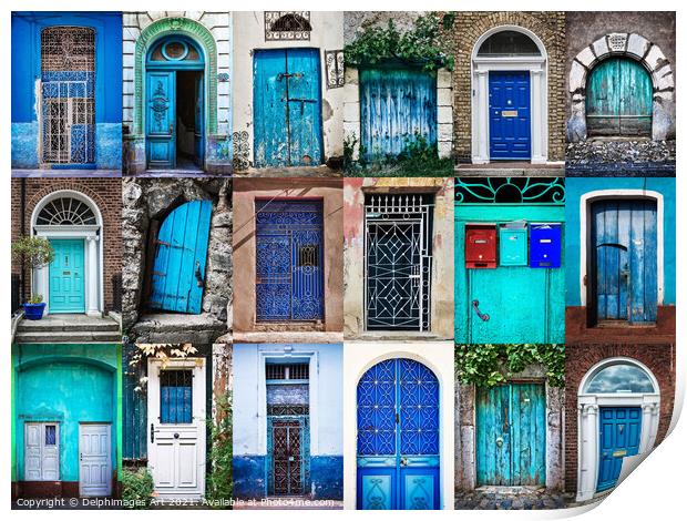 Collection of blue doors around the world Print by Delphimages Art