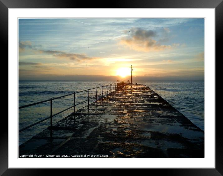 Porthleven Pier Sunset Framed Mounted Print by John Whitehead