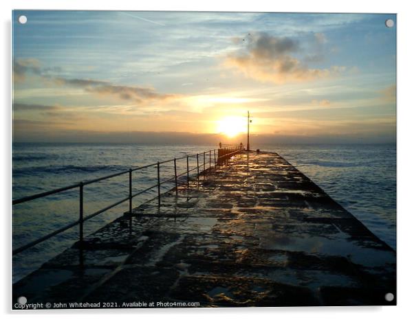 Porthleven Pier Sunset Acrylic by John Whitehead