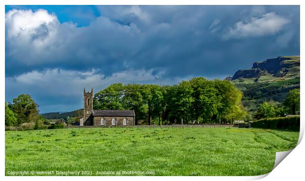 Church below a mountain. Print by kenneth Dougherty