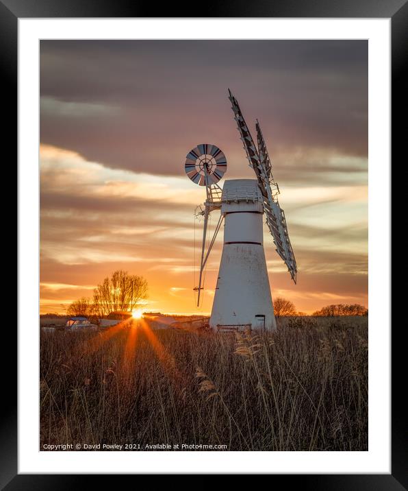 Thurne Mill Sunburst Sunset Norfolk Broads Framed Mounted Print by David Powley