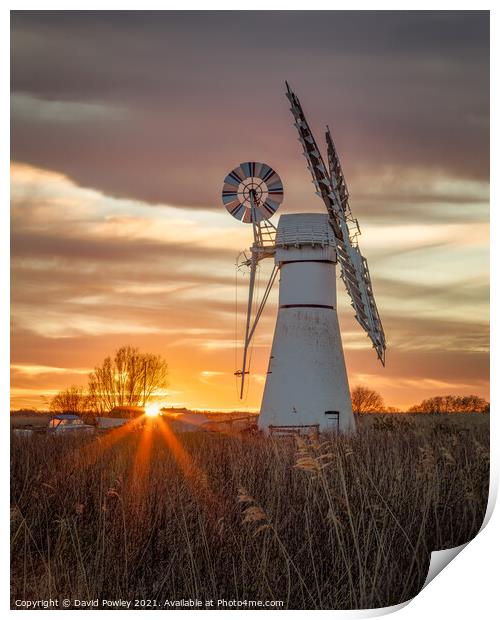 Thurne Mill Sunburst Sunset Norfolk Broads Print by David Powley