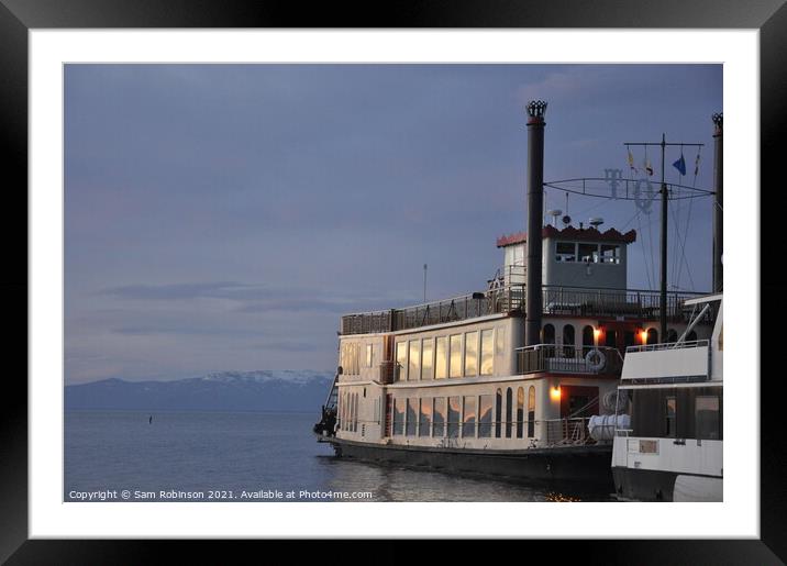 Paddle Steamer on Lake Tahoe at Sunset Framed Mounted Print by Sam Robinson