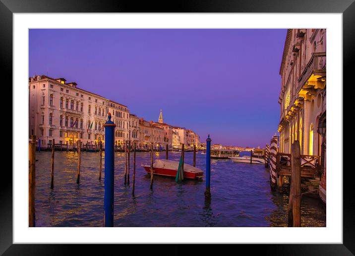 Venice Canals and gondolas around Saint Marco square at night Framed Mounted Print by Elijah Lovkoff