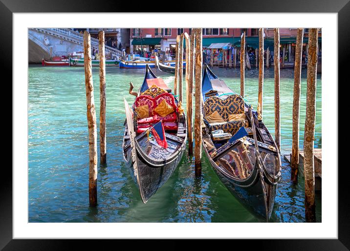 Venice, Gandolas near Landmark Rialto Bridge Framed Mounted Print by Elijah Lovkoff