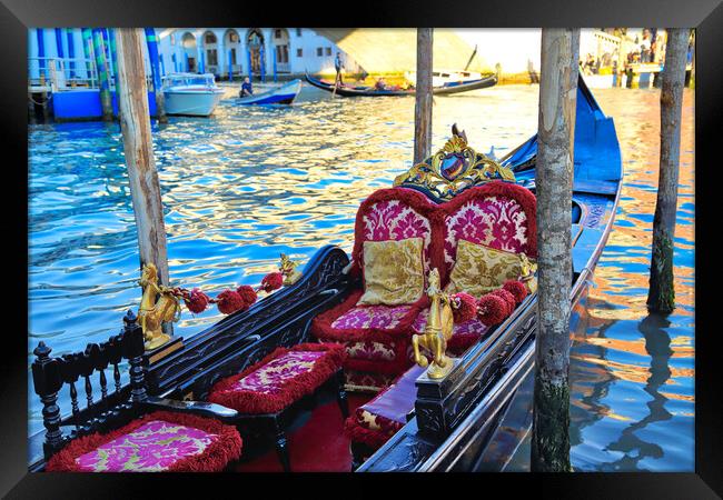 Luxury Gondola waiting for tourists near Rialto Bridge in Venice Framed Print by Elijah Lovkoff