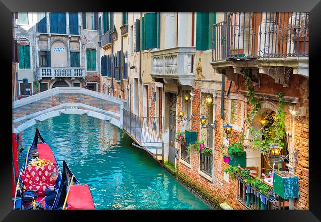 Venice, Gandolas near Landmark Rialto Bridge Framed Print by Elijah Lovkoff