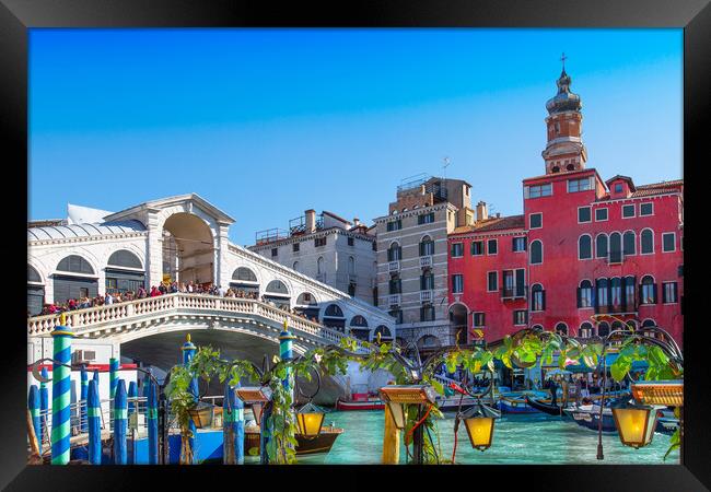 Venice, Italy. Landmark Rialto Bridge, one of the most visited Venice landmark locations Framed Print by Elijah Lovkoff