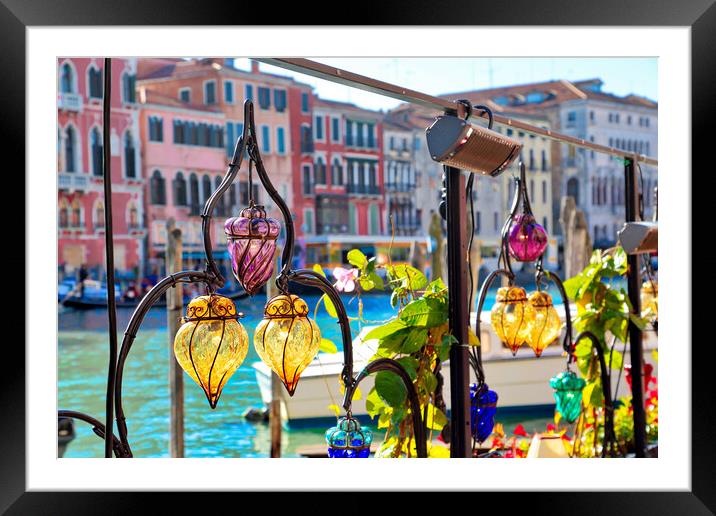 Venetian restaurant terrace near Rialto Bridge Framed Mounted Print by Elijah Lovkoff