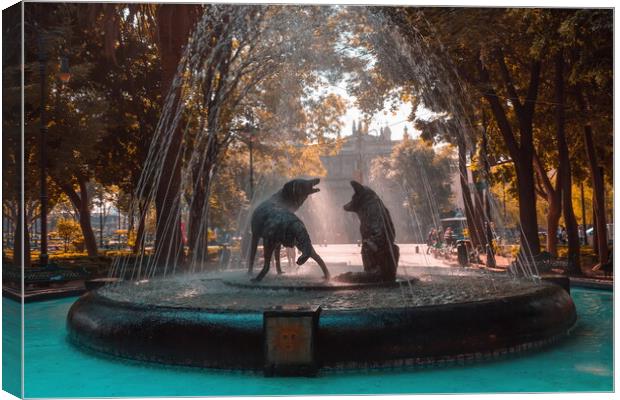Coyoacan, Mexico City, Mexico, Drinking coyotes statue and fountain in Hidalgo Square in Coyoacan Canvas Print by Elijah Lovkoff
