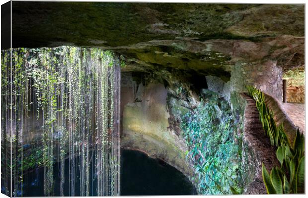 Ik Kil Cenote located in the northern center of the Yucatan Peninsula, a part of the Ik Kil Archeological Park near Chichen Itza. Canvas Print by Elijah Lovkoff