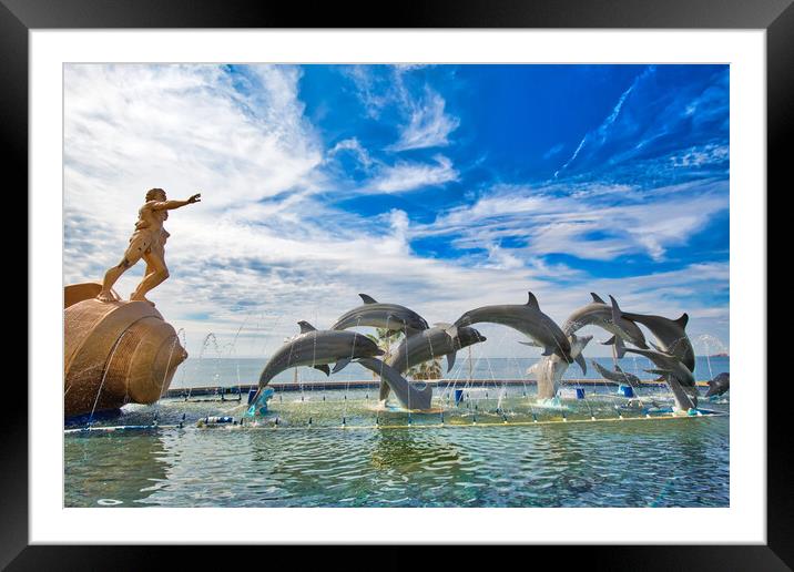 Mazatlan, Mexico, Dolphin Statue located on scenic Mazatlan Promenade (Malecon) near the ocean shore and historic city center Framed Mounted Print by Elijah Lovkoff