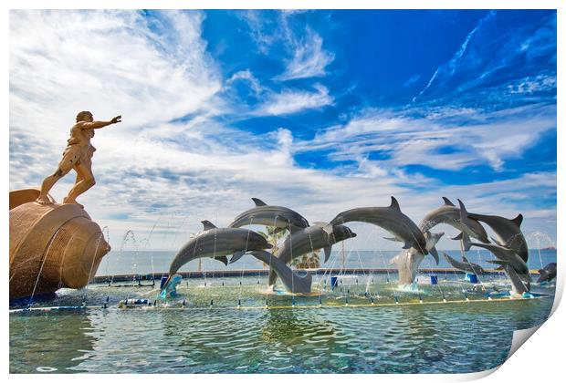 Mazatlan, Mexico, Dolphin Statue located on scenic Mazatlan Promenade (Malecon) near the ocean shore and historic city center Print by Elijah Lovkoff