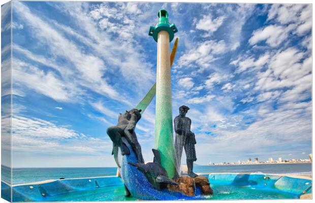 Mazatlan, Mexico, a Fishermen monument (Monumento al Pescador) located on scenic Mazatlan Promenade (Malecon) near the ocean shore and historic city center Canvas Print by Elijah Lovkoff
