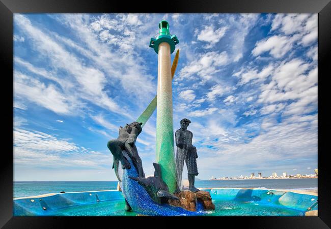 Mazatlan, Mexico, a Fishermen monument (Monumento al Pescador) located on scenic Mazatlan Promenade (Malecon) near the ocean shore and historic city center Framed Print by Elijah Lovkoff