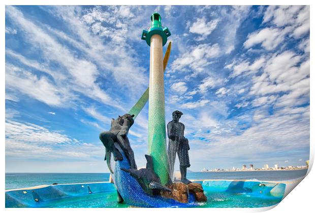 Mazatlan, Mexico, a Fishermen monument (Monumento al Pescador) located on scenic Mazatlan Promenade (Malecon) near the ocean shore and historic city center Print by Elijah Lovkoff