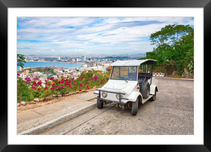 Pulmonia taxi with panoramic view of the Mazatlan Old City Framed Mounted Print by Elijah Lovkoff